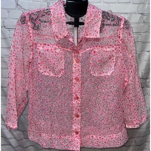 Sheer Pink Floral Shirt Jacket Fairy Whimsy Whimsigoth Cottagecore LRG Womens